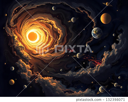 Cosmic Whirlpool: Planets Orbiting a Radiant Stellar Core 132398071