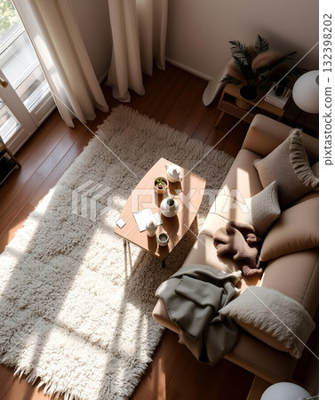 Cozy Living Room with Warm Sunlight and Natural Tones 132398202