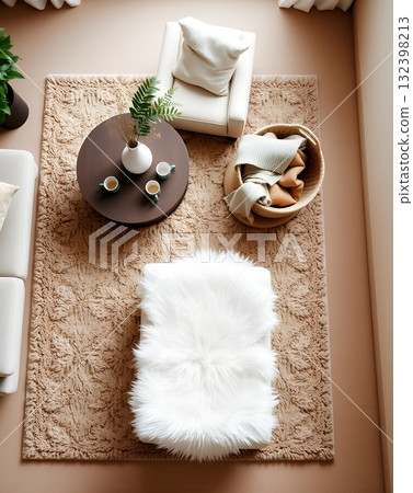 Cozy Living Room Detail: Warm Tones, Textures, and Relaxed Style 132398213