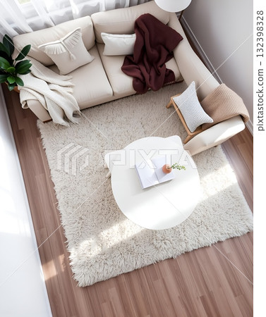 Top-Down View: Bright Living Room with Cozy Textures and Minimalist Decor Top-Down View: Bright Living Room with Cozy Textures and Minimalist Decor 132398328