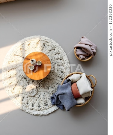 Cozy Corner: Warm Textiles, Round Rug, and Peaceful Moments Cozy Corner: Warm Textiles, Round Rug, and Peaceful Moments 132398330