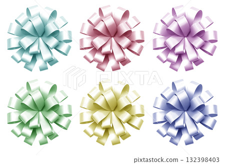 Set of pastel colourful pink yellow blue green violet flower gift ribbon bow on transparent background cutout, PNG file. Many assorted different colours. 3D Mockup template for artwork graphic design 132398403