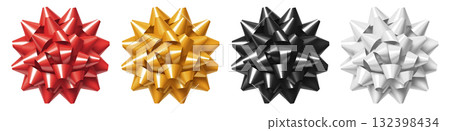 Set of black, red gold yellow, white star flower gift ribbon bow on transparent background cutout, PNG file. Many assorted different colours. 3D Mockup template for artwork graphic Set of black, red gold yellow, white star flower gift ribbon bow on transparent background cutout, PNG file. Many assorted different colours. 3D Mockup template for artwork graphic 132398434