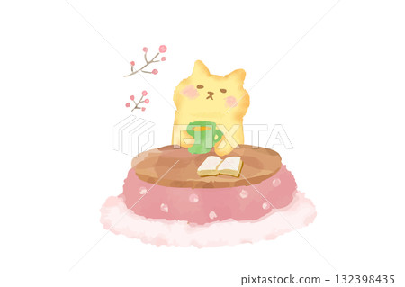 冬日：一隻可愛的貓咪在暖桌裡取暖。水彩插畫。 132398435