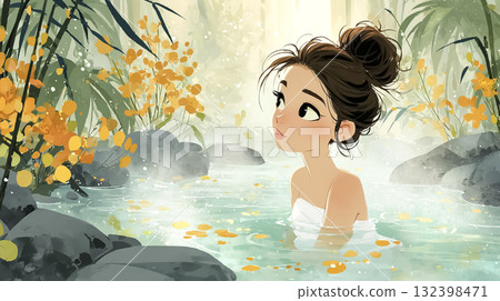 美優系列：秋天在露天浴池放鬆的年輕女子 132398471