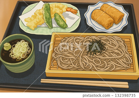 Soba Set with Inari｜Illustration of a tempura soba set meal with inari 132398735