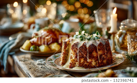 Dinner table with cake 132398741