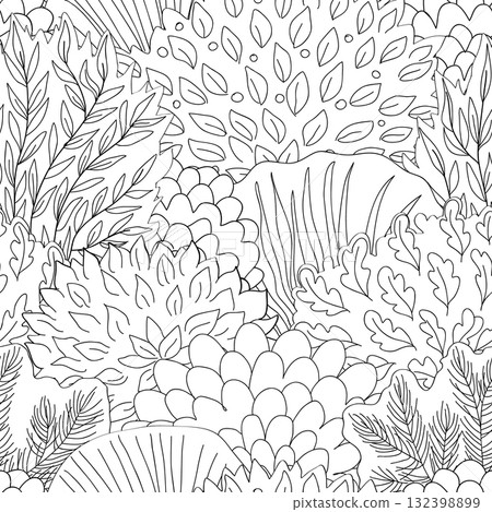 Doodle hand drawn forest in linear style. Black and white. Seamless floral pattern. Vector illustration. Doodle hand drawn forest in linear style. Black and white. Seamless floral pattern. Vector illustration. 132398899