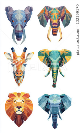 Blue elephant geometric polygonal animal illustration colorful abstract wildlife art modern African mammal creative design head face pattern 132399170