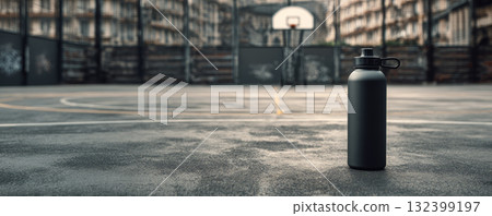 Black water bottle outdoor basketball court urban setting empty moody atmosphere focus on hydration fitness sports city lifestyle 132399197