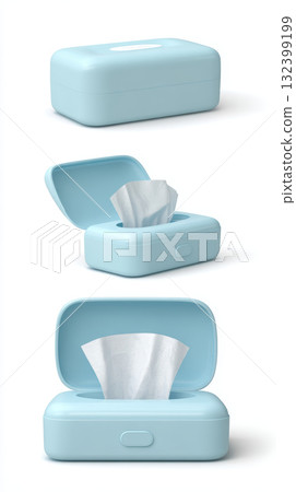 Blue plastic tissue box, closed and open, with white tissue paper, isolated on white background, clean and minimal design 132399199