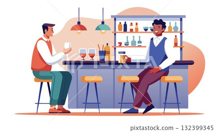 A Caucasian man sits alone at a bar, engaged in conversation with the bartender. 132399345