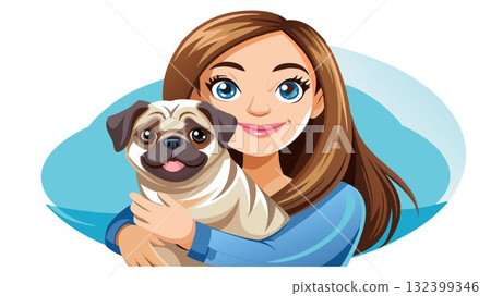 A close-up shot centers on a cute pug puppy nestled comfortably in a woman's hands. A close-up shot centers on a cute pug puppy nestled comfortably in a woman's hands. 132399346