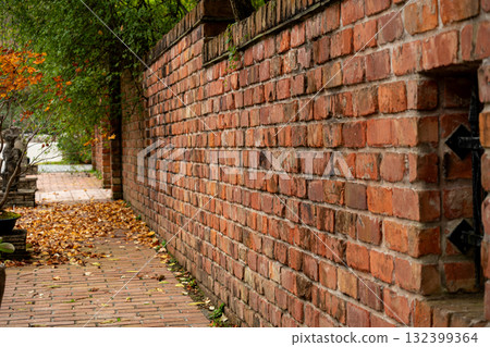 磚牆和落葉覆蓋的小路 132399364