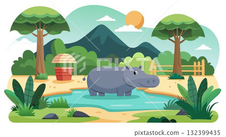 The tranquil scene showcases the hippopotamus in its natural habitat within a wildlife park setting. The tranquil scene showcases the hippopotamus in its natural habitat within a wildlife park setting. 132399435