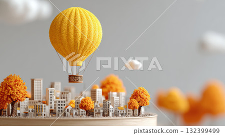 Yellow hot air balloon floats above miniature city with orange trees, whimsical clouds, and soft lighting, creating dreamy, playful atmosphere 132399499