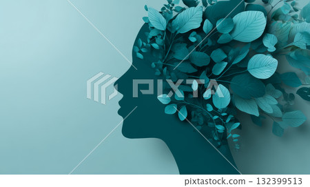 Silhouette woman leaf nature botanical profile teal mental health wellness calm creative concept of female head with foliage blending into hair Silhouette woman leaf nature botanical profile teal mental health wellness calm creative concept of female head with foliage blending into hair 132399513
