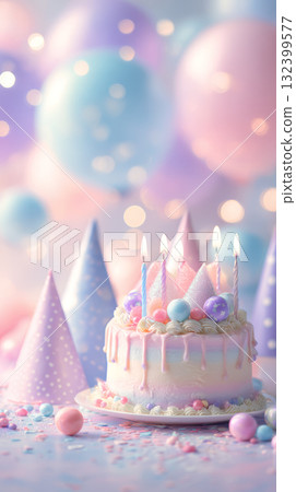 Pastel birthday cake candle party hat balloon confetti festive sweet celebration colorful joyful mood Pastel birthday cake candle party hat balloon confetti festive sweet celebration colorful joyful mood 132399577