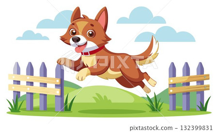A playful puppy, full of energy, launches itself over a low agility fence. 132399831