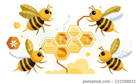 The bees busily move between cells, storing nectar and transforming it into golden honey. 132399832