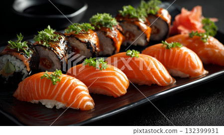 Salmon sushi rice fish Japanese cuisine seafood fresh traditional delicious meal gourmet nigiri roll herb garnish soy sauce wasabi ginger 132399931
