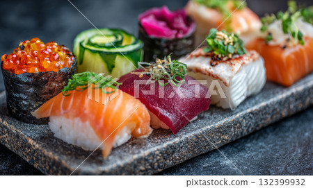 Assorted sushi, nigiri, sashimi, cucumber roll, and gunkan with vibrant toppings on stone plate, fresh and appetizing Japanese cuisine Assorted sushi, nigiri, sashimi, cucumber roll, and gunkan with vibrant toppings on stone plate, fresh and appetizing Japanese cuisine 132399932