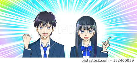 高中或初中男孩和女孩的動漫風格插圖,可愛的彩色集中線漫畫風格背景 高中或初中男孩和女孩的動漫風格插圖,可愛的彩色集中線漫畫風格背景 132400039