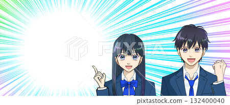 高中或初中男孩和女孩的動漫風格插圖,可愛的彩色集中線漫畫風格背景,有影印空間 高中或初中男孩和女孩的動漫風格插圖,可愛的彩色集中線漫畫風格背景,有影印空間 132400040