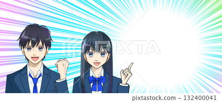 高中或初中男孩和女孩的動漫風格插圖,可愛的彩色集中線漫畫風格背景,有影印空間 高中或初中男孩和女孩的動漫風格插圖,可愛的彩色集中線漫畫風格背景,有影印空間 132400041