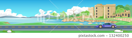Landscape travels of sport car with driving for banner. Asphalt road near the meadow with a lake with an old castle on the banks. Further away is a forest and mountain area. under blue sky. 132400250