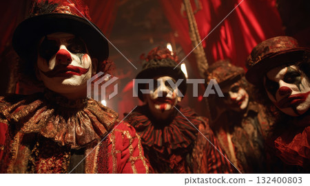 “Creepy clown group in vintage costumes with dramatic makeup, red and black color scheme, eerie atmosphere, horror theme, night setting” “Creepy clown group in vintage costumes with dramatic makeup, red and black color scheme, eerie atmosphere, horror theme, night setting” 132400803