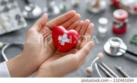 Hands holding a red heart against the background of medical equipment 132401094