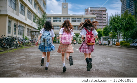 Three friendly students running to school Three friendly students running to school 132401095