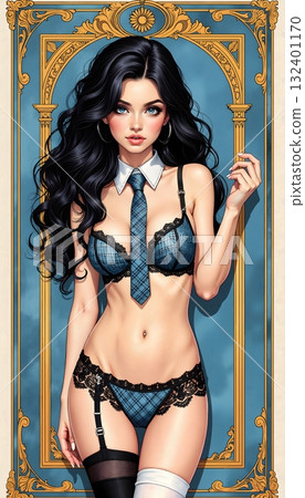 Girl in a blue checkered lingerie set 132401170