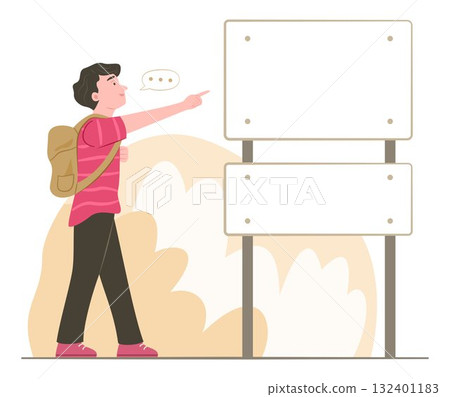 Young Tourist Man Pointing the Blank Sign Board on Roadside for Copy Space Concept Illustration Young Tourist Man Pointing the Blank Sign Board on Roadside for Copy Space Concept Illustration 132401183