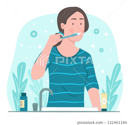 Happy Young Woman Brushing Teeth for Dental Healthcare and Daily Hygienic Lifestyle Routine Concept Illustration Happy Young Woman Brushing Teeth for Dental Healthcare and Daily Hygienic Lifestyle Routine Concept Illustration 132401184