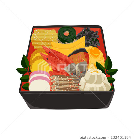 Osechi 單層盒子水彩風格手繪向量插圖 132401194