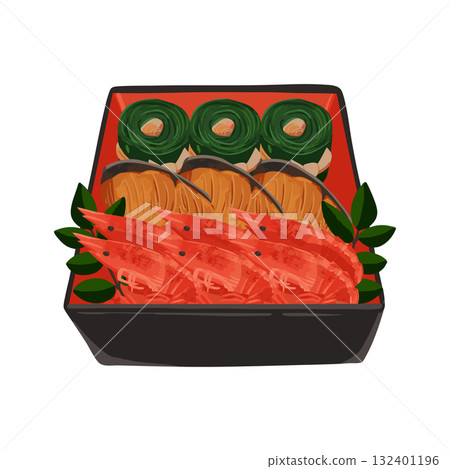 Osechi (New Year's meal) - Second layer (shrimp, yellowtail, kelp rolls) - Watercolor style hand-drawn vector illustration 132401196