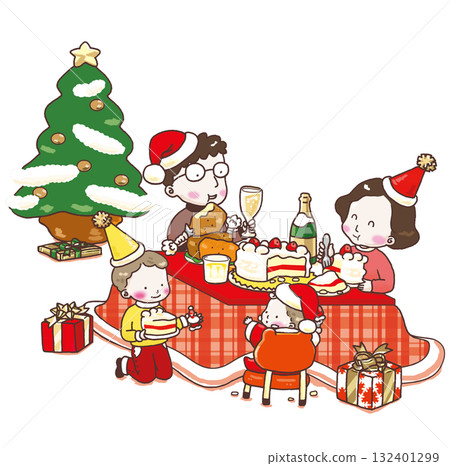 Illustration of a Japanese family eating Christmas cake 132401299