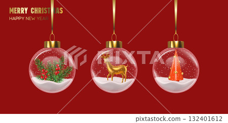 Merry Christmas and Happy New Year greeting card with glass baubles featuring reindeer, pine branches, berries, and red tree on red background. Elegant festive decoration. Vector illustration. 132401612