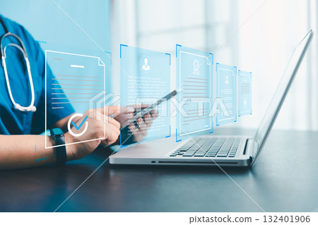 Doctor and medical worker in virtual environment to manage health information, quality certificates, checklists, document, analyst support marketing planning, medical report, work quality standard. Doctor and medical worker in virtual environment to manage health information, quality certificates, checklists, document, analyst support marketing planning, medical report, work quality standard. 132401906