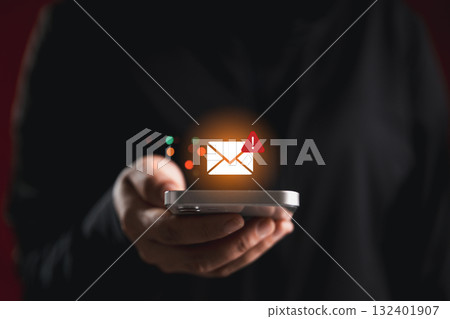 Businesswoman check smartphone inbox, receives warning notification about potential cybersecurity breach, concept of spam email detection, error checking, data protection in modern business technology 132401907
