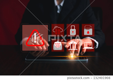 Cyber security warning alert system concept. computer network compromised illegal connection, exposing data, software, such virus, facilitate hack commit cyber crime steals sensitive information. Cyber security warning alert system concept. computer network compromised illegal connection, exposing data, software, such virus, facilitate hack commit cyber crime steals sensitive information. 132401908