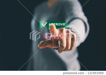 Businesswoman ticking correct mark to approve project, management concept examination, survey, technology ensure business certification standard, successfully passes inspection approved and accepted. Businesswoman ticking correct mark to approve project, management concept examination, survey, technology ensure business certification standard, successfully passes inspection approved and accepted. 132401909