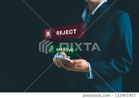 Businesswoman making rejecting decisions through modern digital interface, featuring technology-driven tools for efficient business workflow management, process control, validation corporate setting. 132401957
