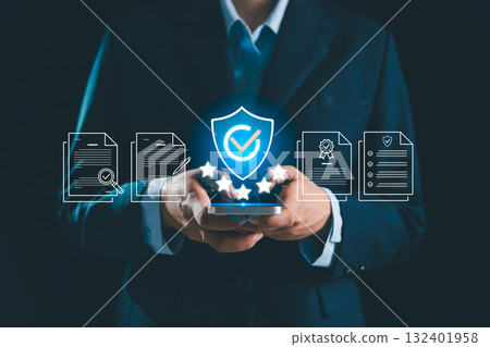 Quality assurance, certification concept emphasizes five-star service, compliance document, verified standard supporting perfect branding, trust building, product credibility, delivering top service 132401958