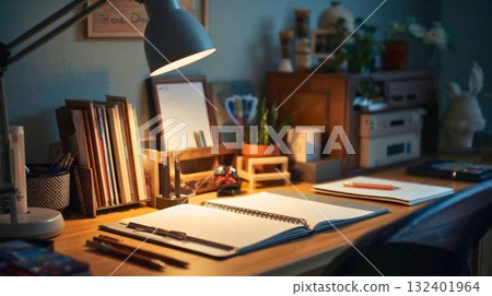 夜晚溫暖的燈光照亮的辦公桌 132401964