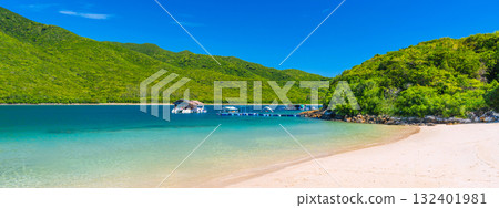 white sandy beach on a tropical island in a bay by the sea on a sunny summer day. Luxury exotic resort with a beach for relaxing in Asia. Landscape panorama with a view of the coast by the ocean white sandy beach on a tropical island in a bay by the sea on a sunny summer day. Luxury exotic resort with a beach for relaxing in Asia. Landscape panorama with a view of the coast by the ocean 132401981