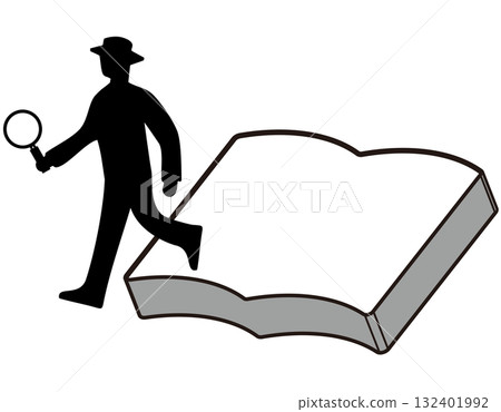 A detective from a story - A silhouette illustration of a man walking through the world of a book 132401992