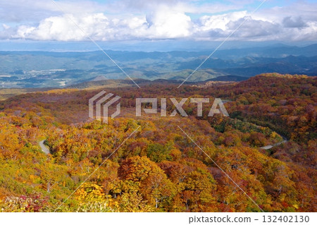 從秋田縣由利本莊市冰川露營地附近眺望的鳥海山中部至山腳的秋景 132402130